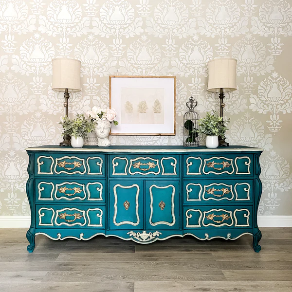 An ornate dresser refinished in a deep teal Reloved Vintage Paint