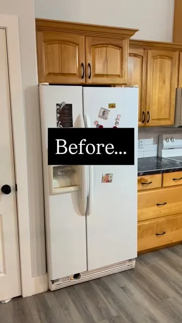 Kitchen with oak cupboards, captioned “Before…”