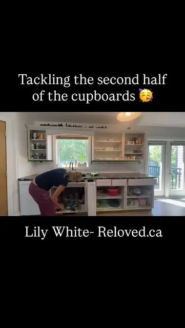 Kitchen cupboards in progress, captioned “Lily White – Reloved.ca”
